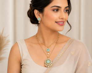 Emerald Toned Gold Plated Brass Moissanite Pendant Sets