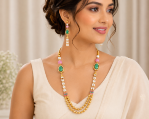 NKR Gold Plated Pearl Moissanite Pendant Sets